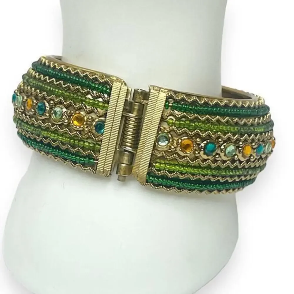 Bangle Bracelet‎ Jeweled Aqua Green Beads Hinged Mid Century Vintage